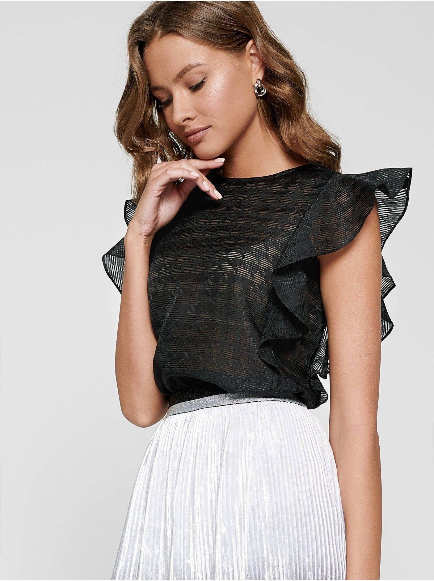 Translucent Ruffled Cropped Blouse Translucent ruffled blouse with pattern LBL 1099 - Official online ...