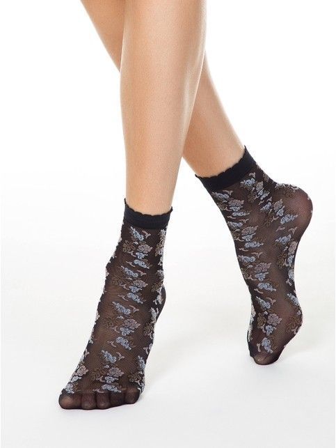 Thin socks FANTASY with imitation flower embroidery