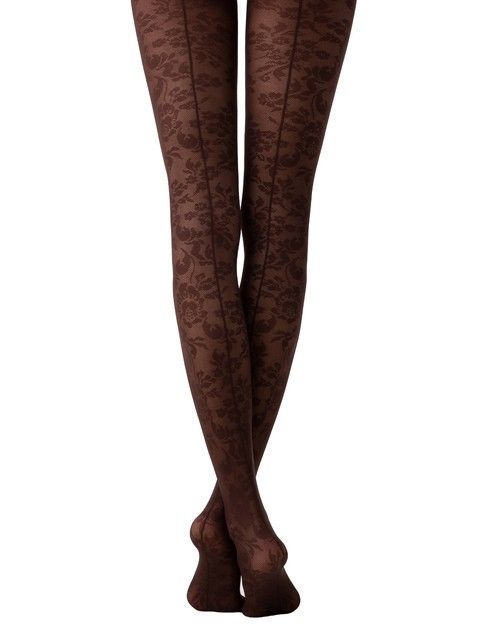 Tights with an imitation seam at the back and a floral pattern LACE Lycra®
