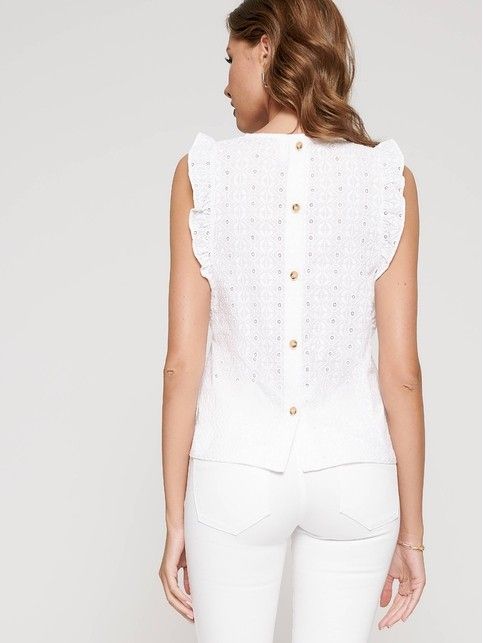 Sleeveless blouse with Richelieu embroidery and ruffles in premium quality cotton LBL 1089