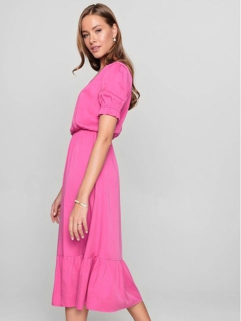 Bright midi-dress with flounces and side slit made of premium tencel LPL 1139