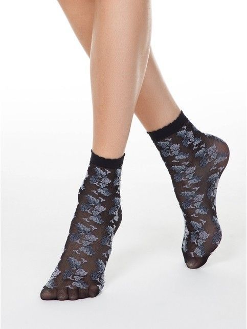 Thin socks FANTASY with imitation flower embroidery